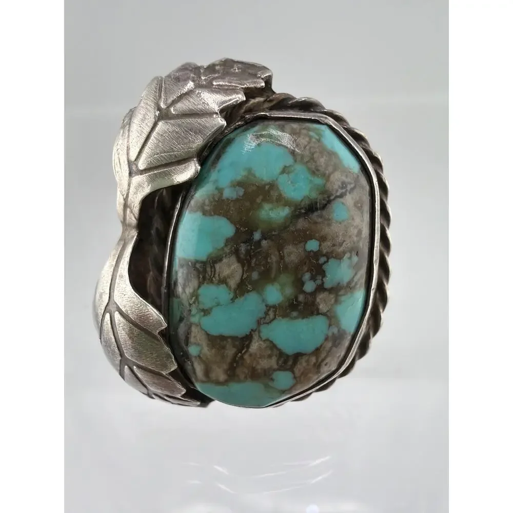 Vintage Navajo Sterling Silver Turquoise Leaf Ring 6.5